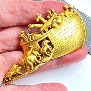 Vintage AJC Noah's Ark Gold Tone Brooch Christian Bible Animals Granny Core
